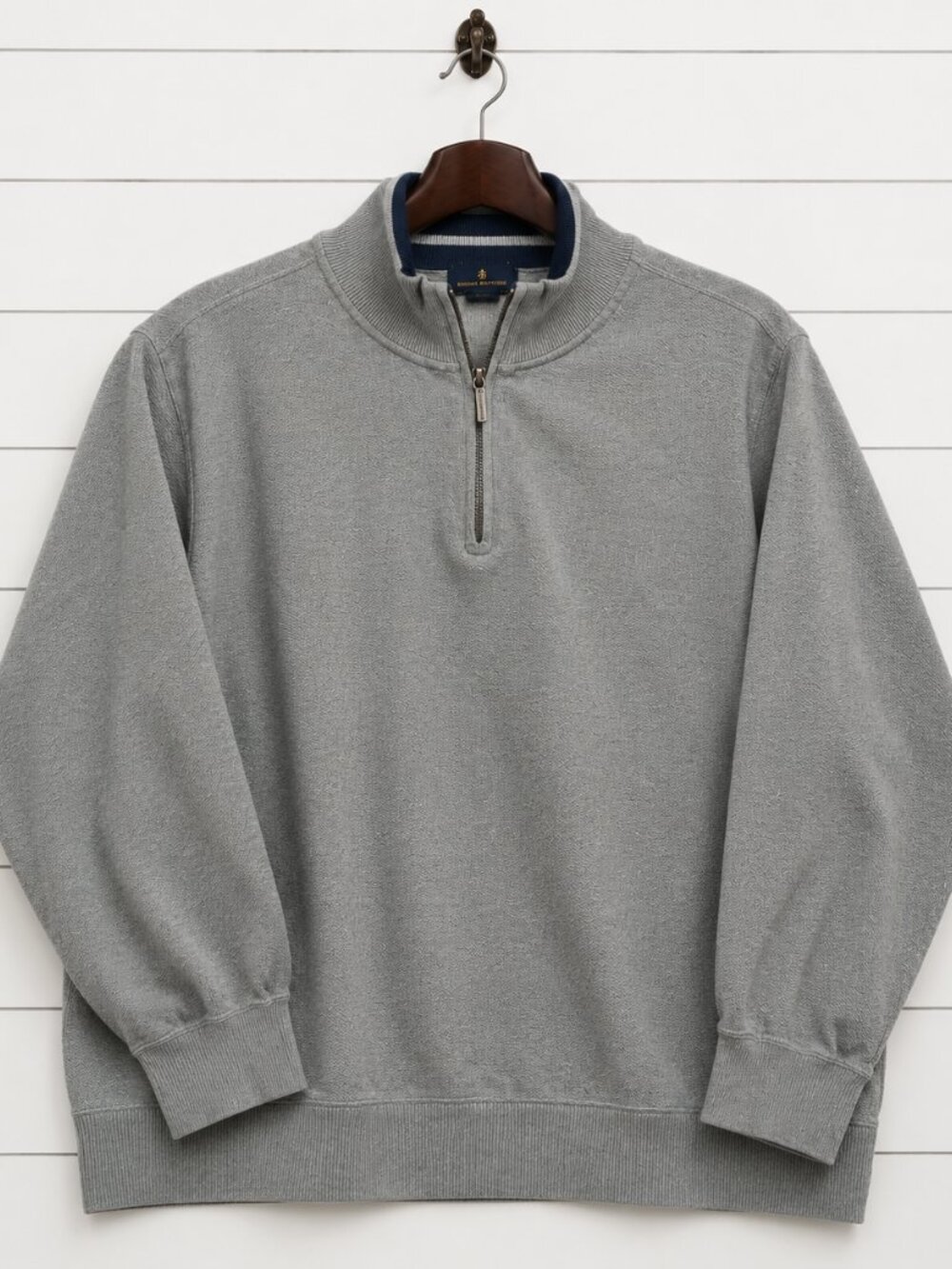 Brooks Brothers Mens XL Gray 1/4 Zip Sweater 100% Cotton Navy Trim Pullover